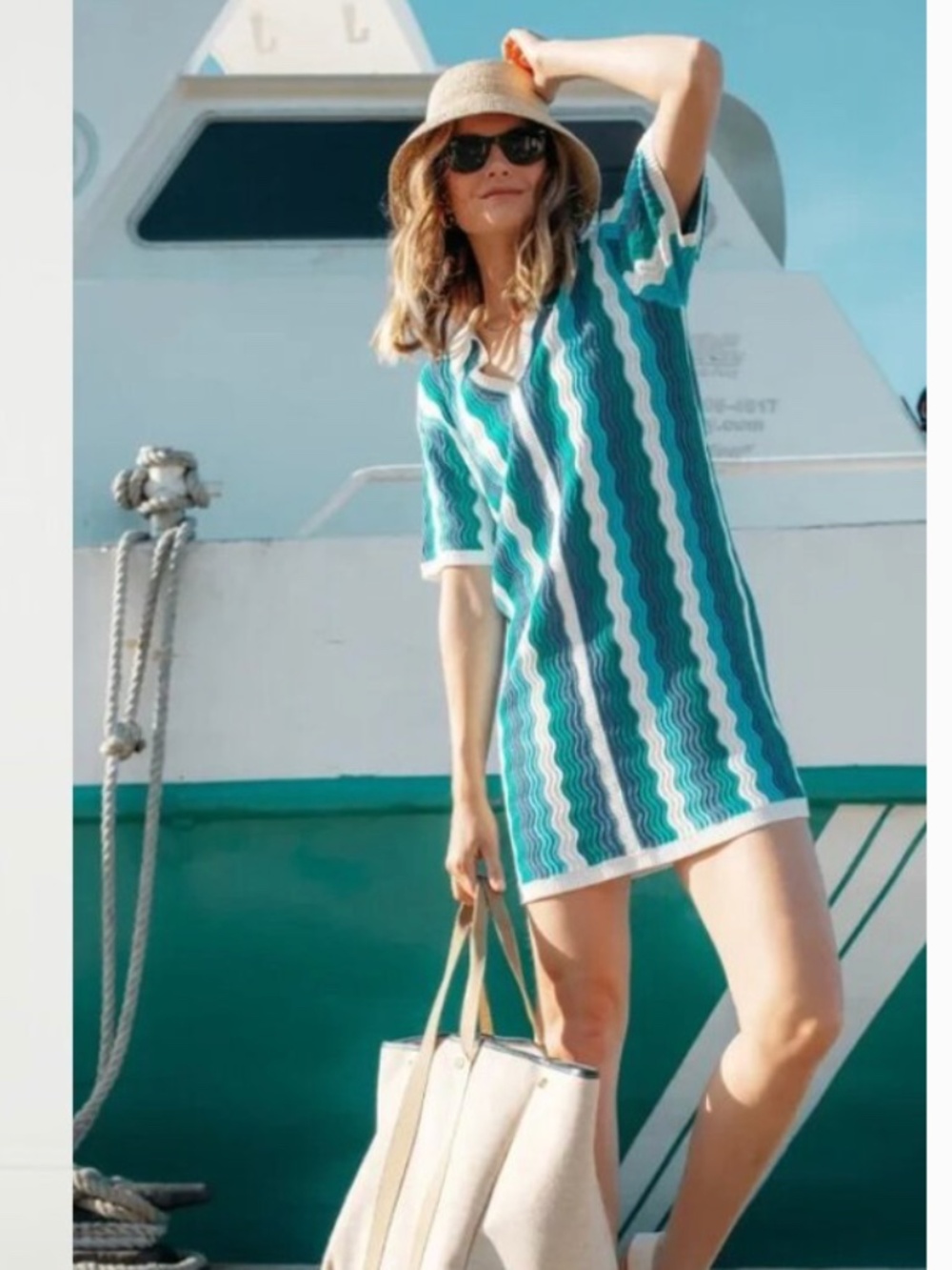 Tuckernuck Hyacinth House Aqua Wavy Sammie Blue White Knit Mini Dress, XS